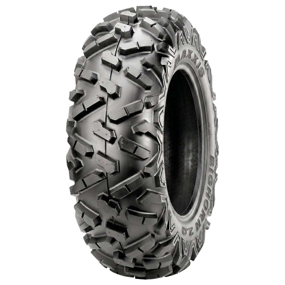 Angled view of the redesigned Maxxis Bighorn 2.0 radial all-terrain 6-ply radial ATV, UTV, and utility cart front tire, designed with the classic high traction, long wearing tread pattern design, available in a wide variety of sizes, all offered with fast and free shipping.