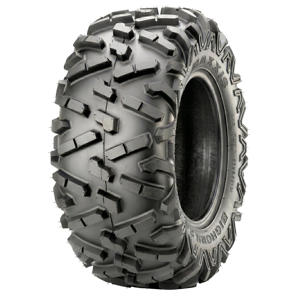 Angled view of the redesigned Maxxis Bighorn 2.0 radial all-terrain 6-ply radial ATV, UTV, and utility cart rear tire, designed with the classic high traction, long wearing tread pattern design, available in a wide variety of sizes, all offered with fast and free shipping.