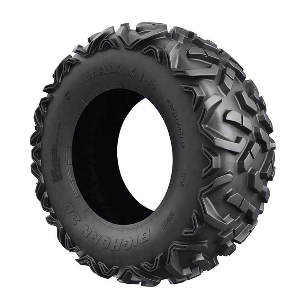 Angled view of Maxxis Bighorn 2.0 lightweight UTV 6-ply radial rear tire.