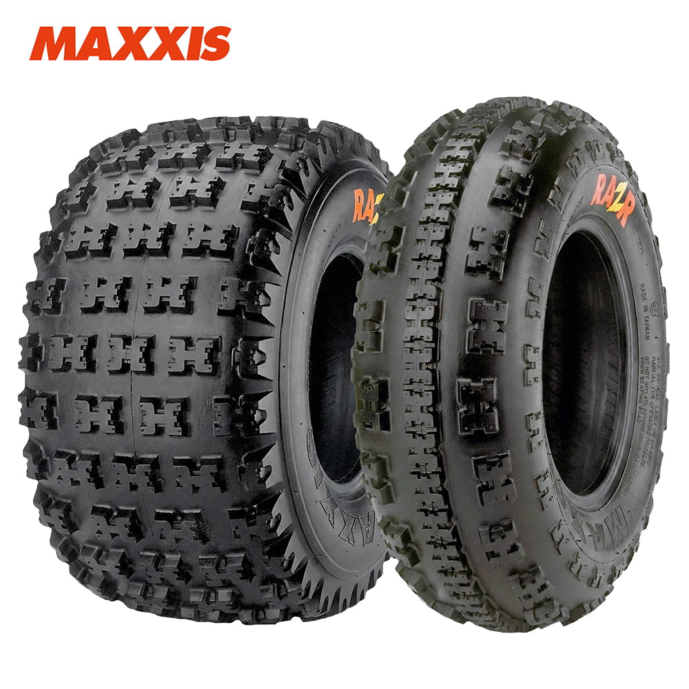 Main product photo listing of both the front and rear Maxxis RAZR sport quad ATV tires, made with 4 or 6 ply bias construction and a high traction, durable competition design, available in a wide variety of sizes from Ride or Die Tire.