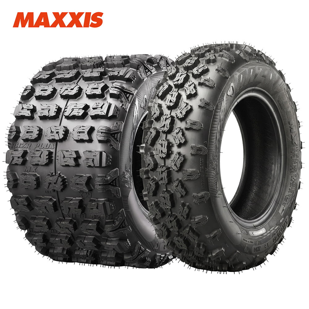 Main product photo of both the front and rear Maxxis RAZR Plus MX sport quad ATV tires, made with 4-Ply bias construction and a high traction, durable competition xc and desert design, available in front and rear sizes from Maxxis authorized dealer Ride or Die Tire.