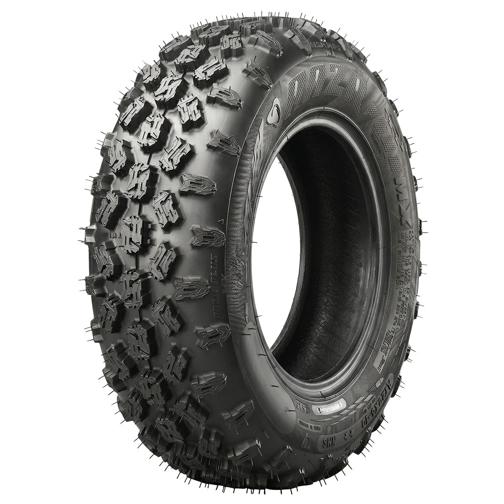 Angled view of the competition Maxxis RAZR Plus MX ATV / Quad front 4-ply bias tire, featuring a unique competition lug design for enhanced steering responsiveness, offered with fast and free shipping, 20x6-10 size, Part # TM01033100.