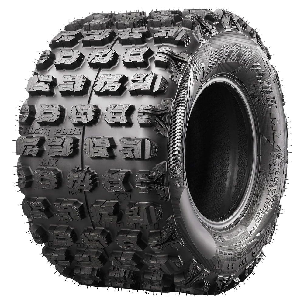 Angled view of the competition Maxxis RAZR Plus MX 18x10-8 rear tire, featuring a high traction design, 4-ply rating, and flat profile and tread contact base to enhance acceleration and braking responsiveness, offered with fast and free shipping, part # TM01034100.