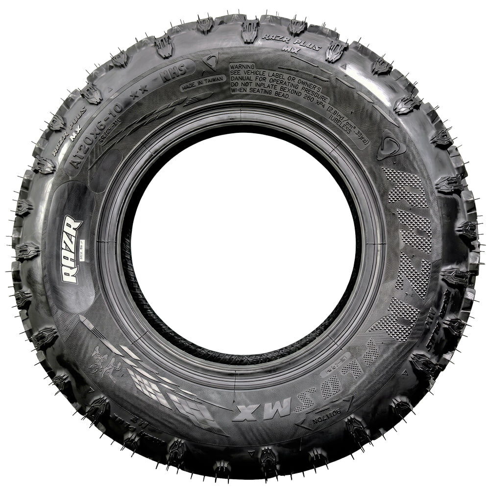Full sidewall view of the competition Maxxis RAZR Plus MX ATV / Quad front 4-ply bias tire, featuring a unique competition lug design for enhanced steering responsiveness, offered with fast and free shipping, 20x6-10 size, Part # TM01033100.