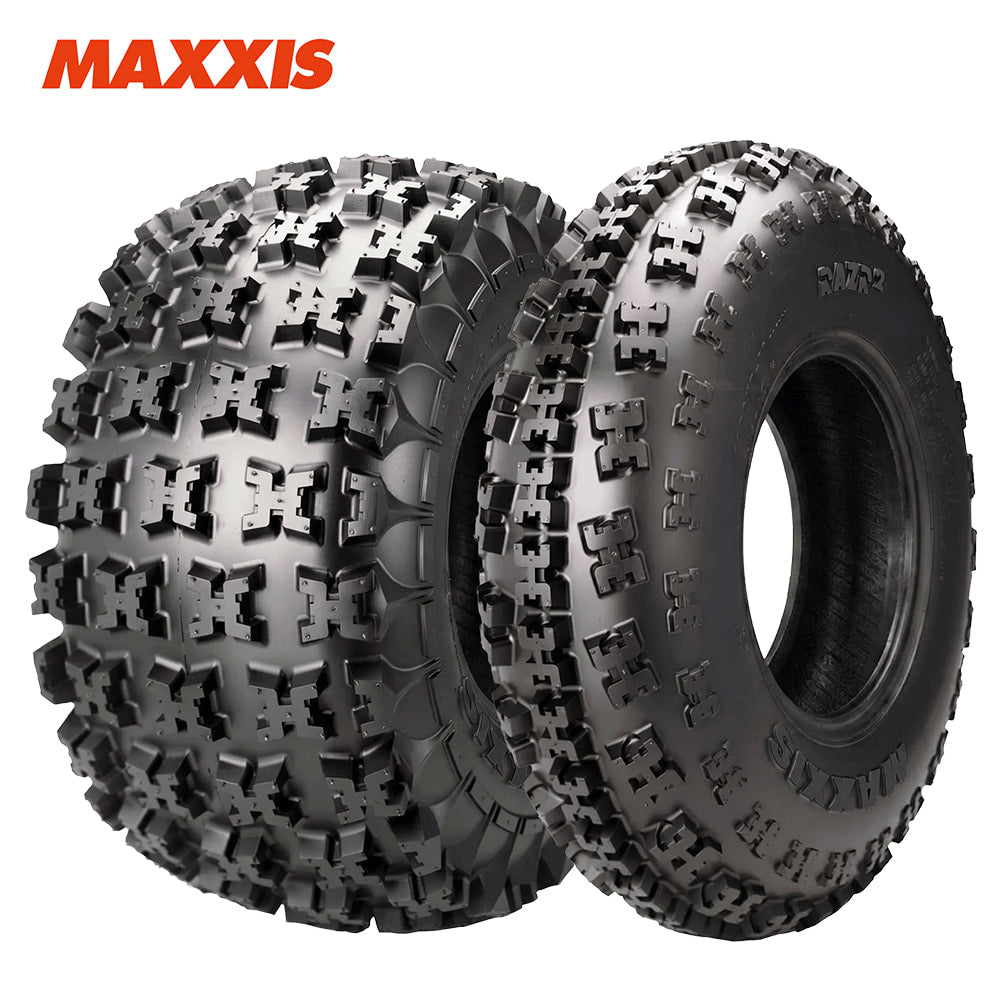 Main product photo of both the front and rear Maxxis RAZR2 sport quad ATV tires, made with 6 ply bias construction and a high traction, durable competition xc and desert design, available in a wide variety of sizes from Maxxis authorized dealer Ride or Die Tire.