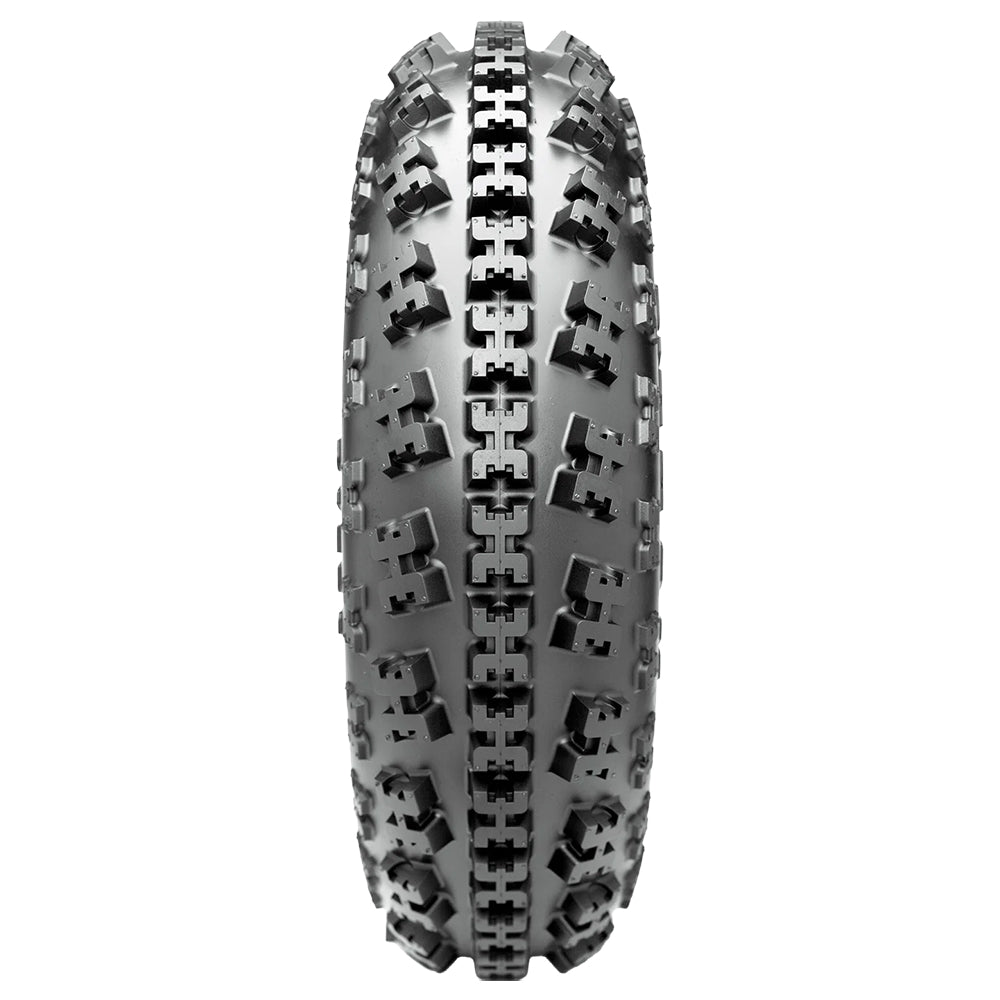 Full tread pattern view of the Maxxis RAZR2 ATV front 6-ply tire, showcasing the tread block design, offered in 3 different sizes for 10" rear rims.