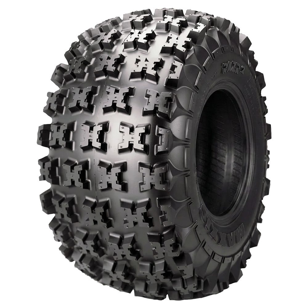 Angled view of the competition Maxxis RAZR2 ATV / Quad rear tire, featuring a high traction design, 6-ply rating, and flat profile and tread contact base to enhance acceleration and braking responsiveness, offered with fast and free shipping and available in a wide variety of popular Quad tire sizes.