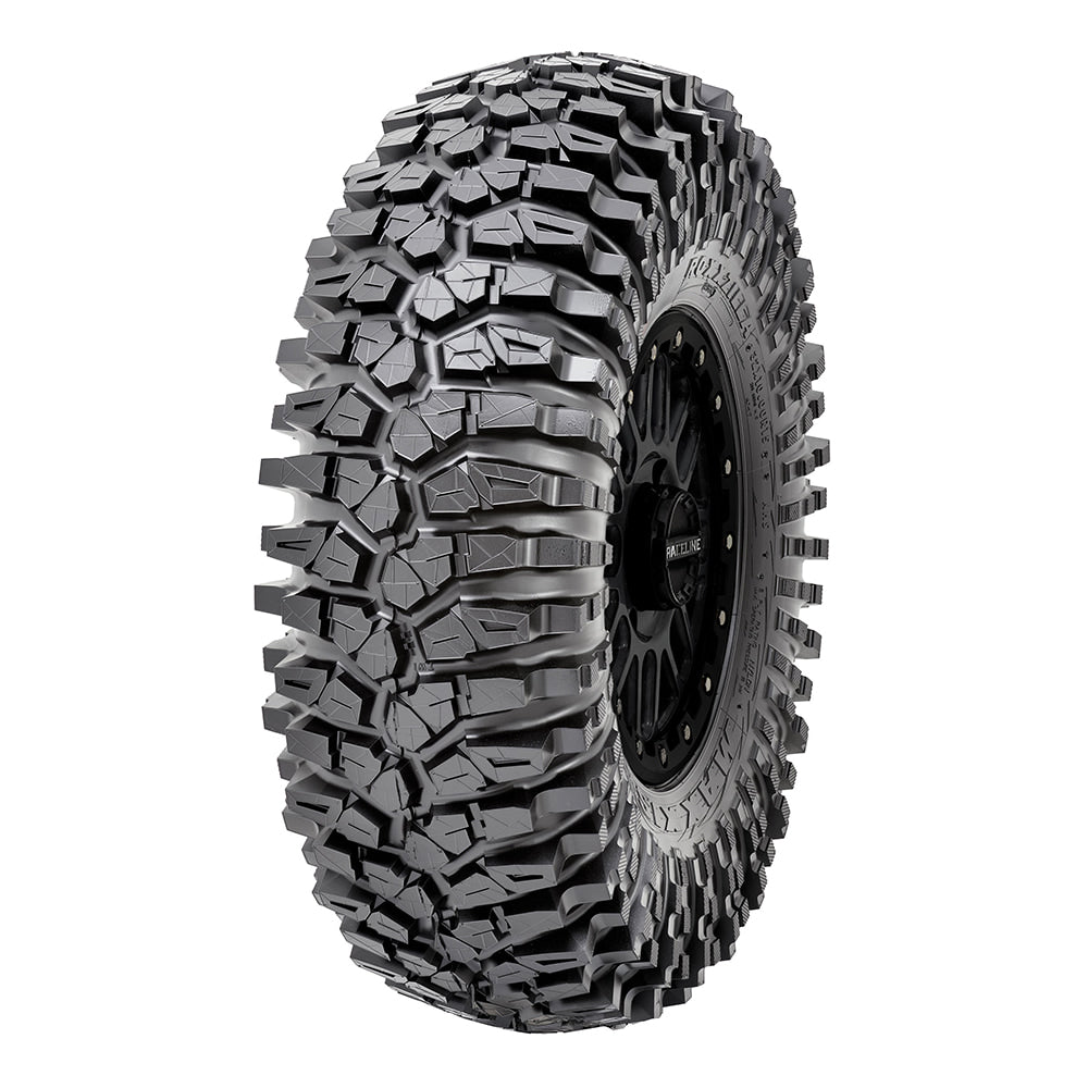 Angled view of the 8-ply Roxxzilla UTV tire by Maxxis, mounted on a wheel, wheel not included.