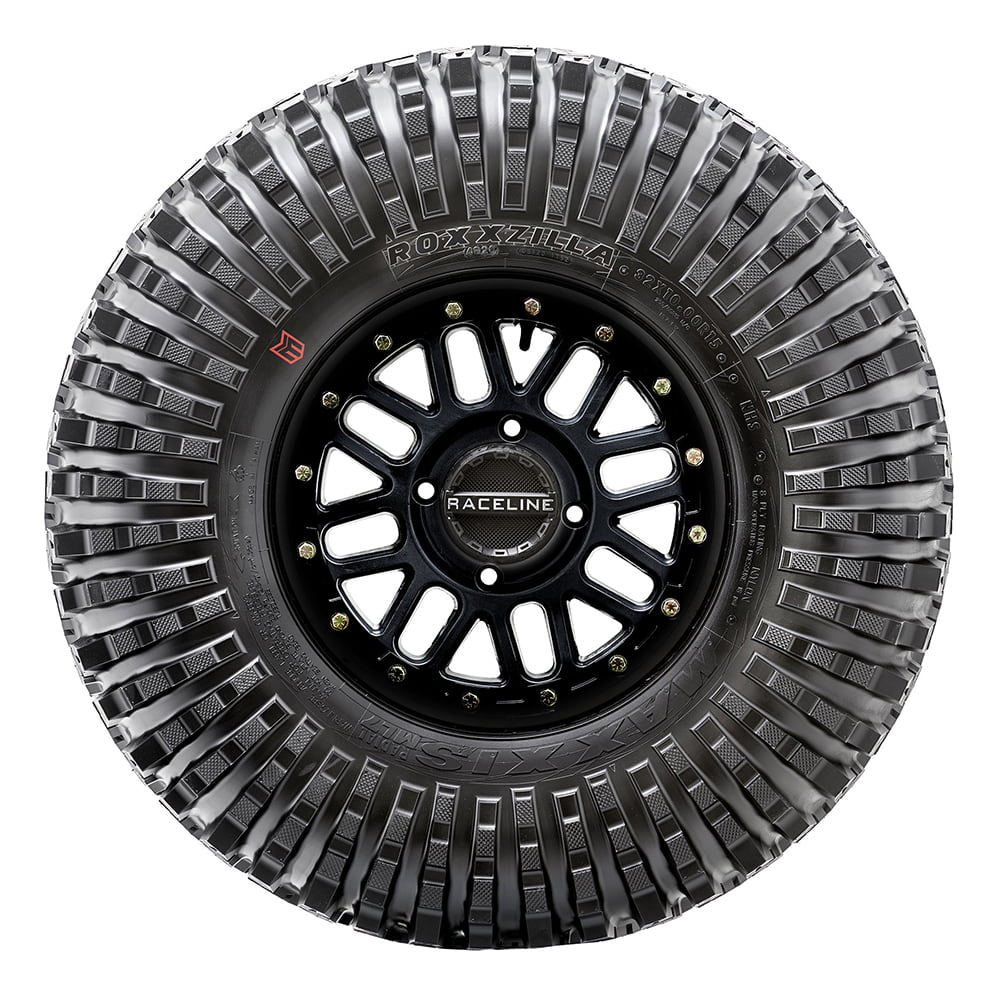 Sidewall view of a mounted Roxxzilla radial rock and desert tire showing the reinforced sidewall lug design and color branded Maxxis logo, available in 14", 15", and 17" wheel sizes.