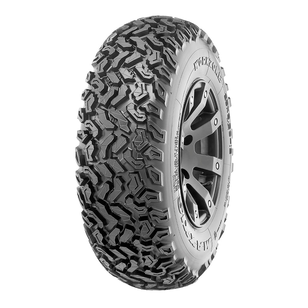 Angled view of front Maxxis Workzone tire mounted on rim and inflated to proper psi for display purposes.