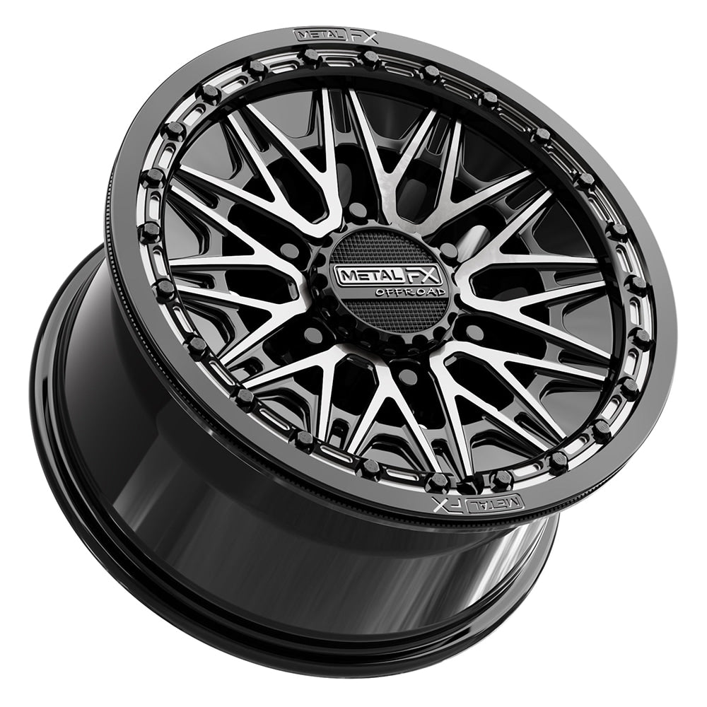 Lower angled view of the Metal FX Offroad Alpha 6R Beadlock 15x8 UTV and SXS wheel for a CanAm Maverick R with 6x5.5 lug pattern, with DDT finish and +25mm offset, offered with fast and free shipping, Part # 78781.