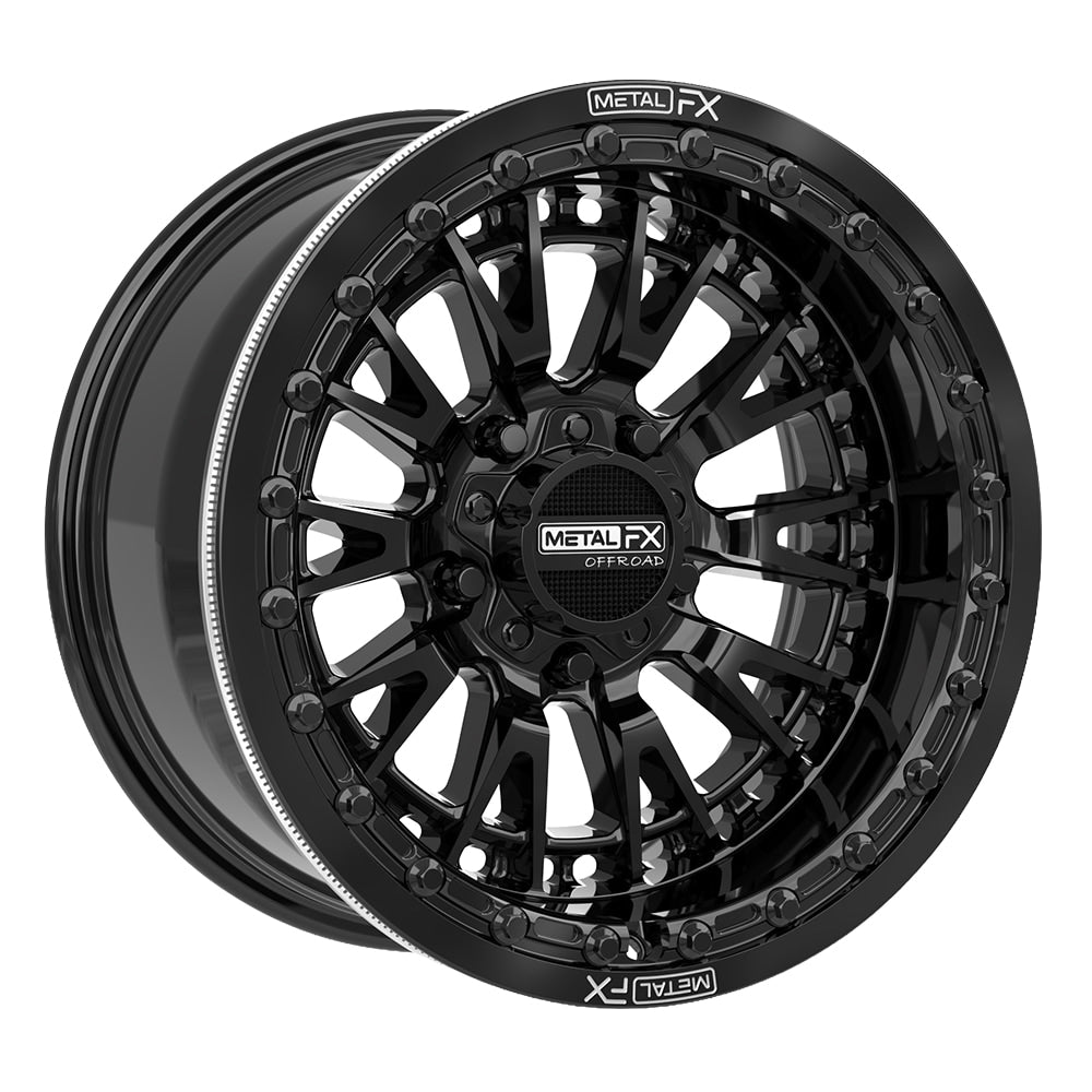 Angled view of the premium Metal FX Slayer R Beadlock 15x8 UTV and SXS wheel in gloss black finish with 0-offset 4+4 and 5x4.5 bolt pattern for select Polaris, Segway, and Kawasaki H2 models, offered with fast and free shipping, Item # 98660.