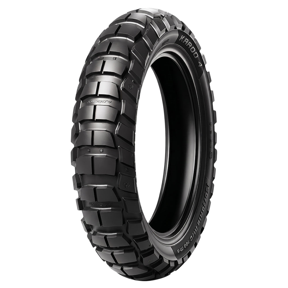 Angled view of the Metzeler Karoo 4 rear motorcycle tire designed for ADV and Maxi Enduro riders to maximize performance and control, all sizes available with fast and free shipping.