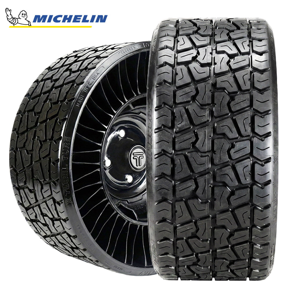Main photo featuring the standard duty utility Michelin XTweel airless golf cart tire in 18x8.5-10 or 205/50-10 size with 4x4 bolt pattern, designed for golf carts and select zero turn mowers, offered with free shipping, Part #01133.