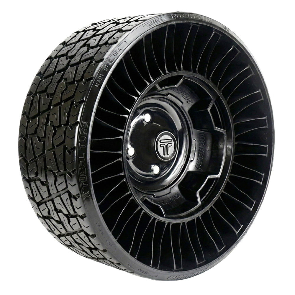 Angled view of the standard duty utility Michelin XTweel airless golf cart tire in 18x8.5-10 or 205/50-10 size with 4x4 bolt pattern, designed for golf carts and select zero turn mowers, offered with free shipping by Ride or Die Tire, Part #01133.