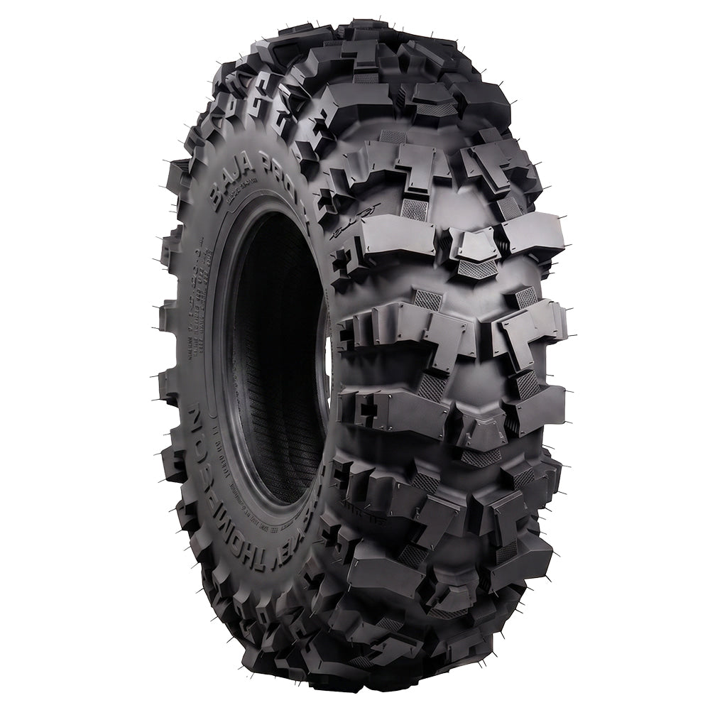Angled view of the Mickey Thompson Baja Pro X SXS tire, designed for extreme UTV and SXS competition with ultra-rugged heavy duty bias ply construction and high traction rock climbing ability, all sizes sold with fast and free shipping from Ride or Die Tire.