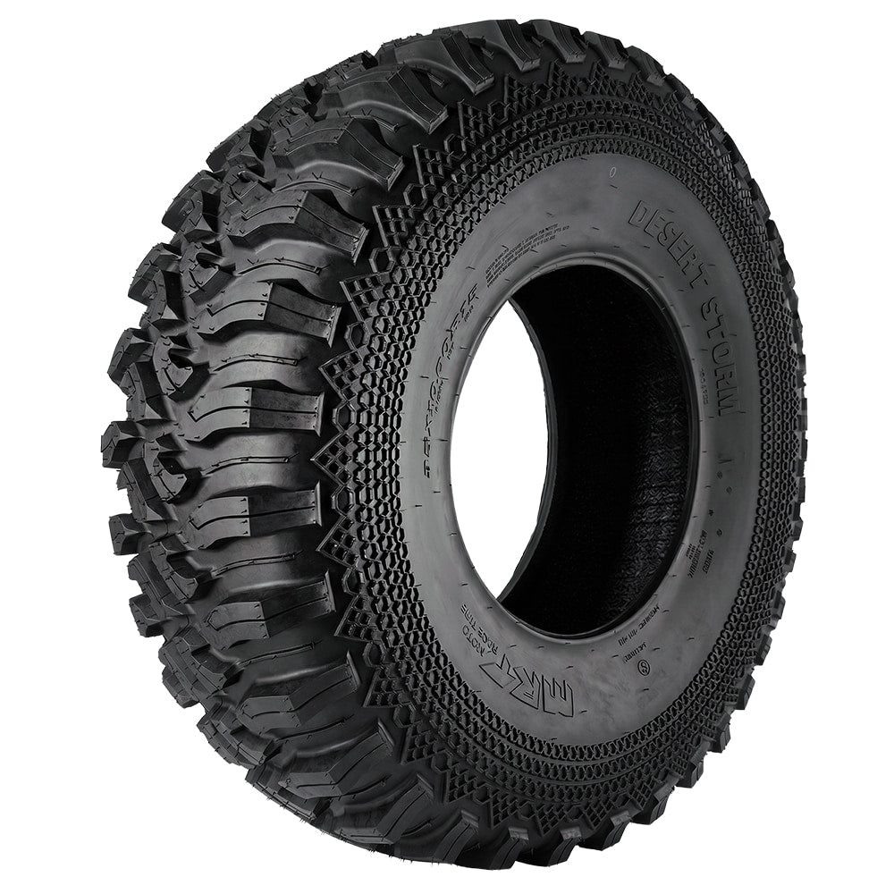 Angled view of the MRT Desert Storm high performance 8-ply Kevlar radial UTV and SXS all-terrain tire, available in popular sizes for 15" wheels featuring a high traction and durable non-directional tread pattern, all sizes sold with fast and free shipping.