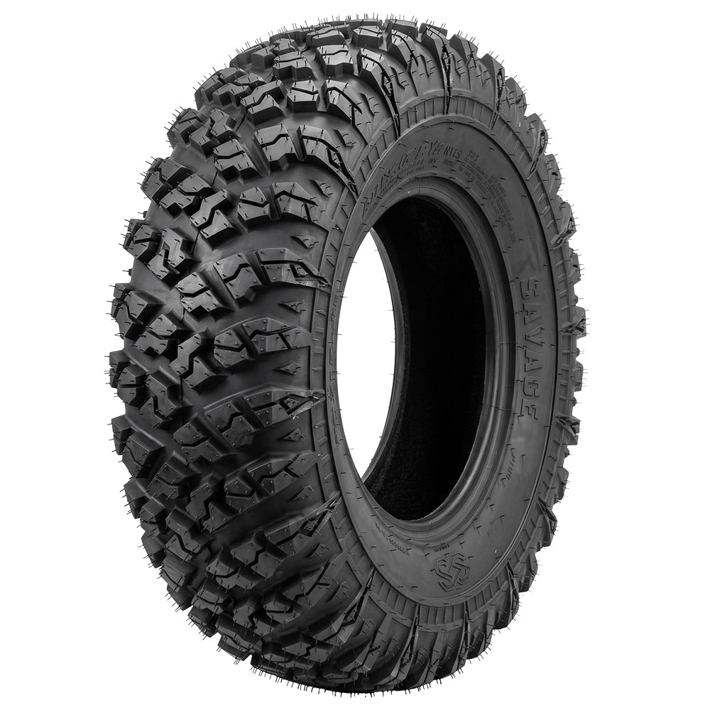 Angled view of the 25x8R12 MRT Savage UTV and ATV all-terrain 6-ply radial front tire, designed as a great less aggressive option for some road and hard surface riding, offered with fast and free shipping.