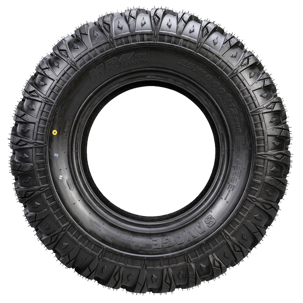 Full sidewall view of the MRT Savage 25x10R12 All-Terrain UTV and ATV tire, featuring smooth riding radial construction and strong shoulder tread block design.