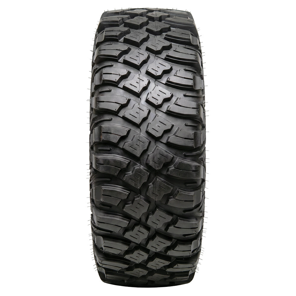 Full tread pattern view of the high performance competition lightweight super strong MRT Race / Crawler XR UTV 8-ply Kevlar reinforced radial tire, featuring non-directional high traction tread pattern, all sizes available with free shipping from authorized dealer Ride or Die Tire.