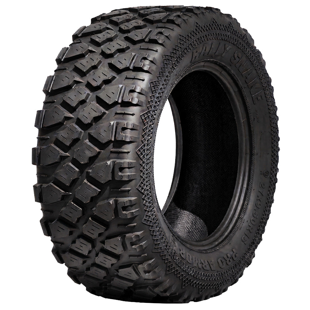 Angled view of the MRT Rally Snake 8-ply radial high performance UTV and SXS tire in 27x9.5R15 size, available in both standard and sticky compound, and offered with fast and free shipping.