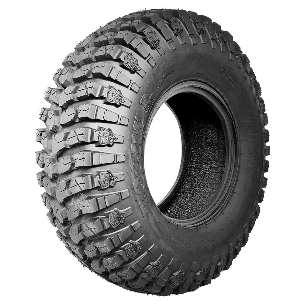 Angled view of the high performance competition UTV 8-Ply Radial tire, the MRT Rocky RX Nycore-reinforced race and rock crawling tires for 15" rims, featuring two medium and sticky high traction dual rubber compounds, and all offered with free shipping by official Moto Race Tire dealer Ride or Die Tire.