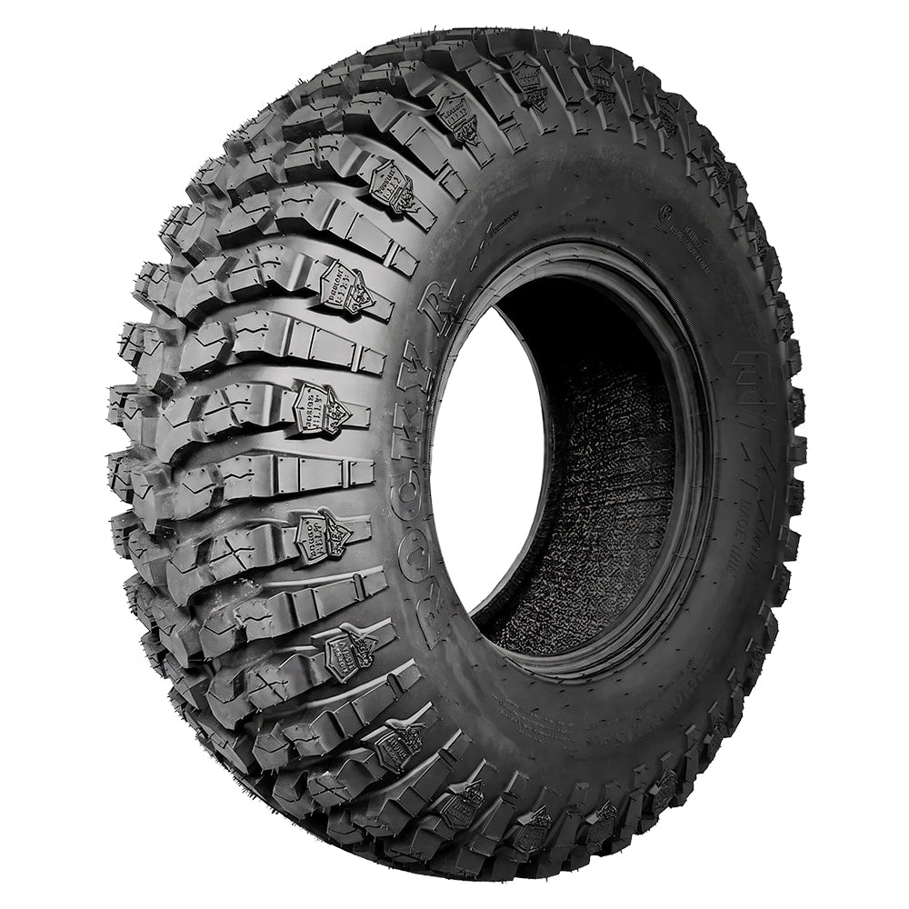 Angled view of the high performance competition UTV 8-Ply Radial tire, the MRT Rocky RX Nycore-reinforced race and rock crawling tires for 15" rims, featuring two medium and sticky high traction dual rubber compounds, and all offered with free shipping by official Moto Race Tire dealer Ride or Die Tire.