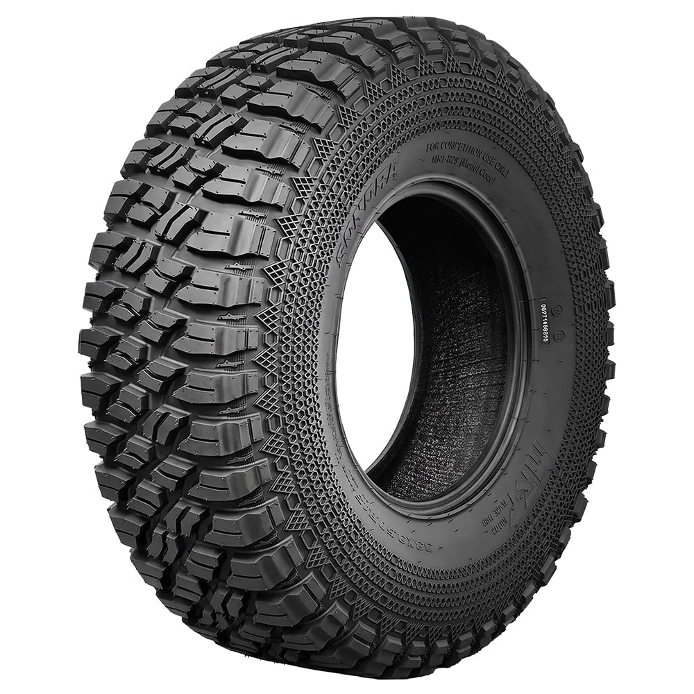 Angled view of the high performance desert competition MRT Sonora DS 8-ply radial UTV and SXS tire, available in 15" rim sizes, designed for high speeds and high traction durability with Kevlar reinforced sidewalls, all sizes offered with free shipping.