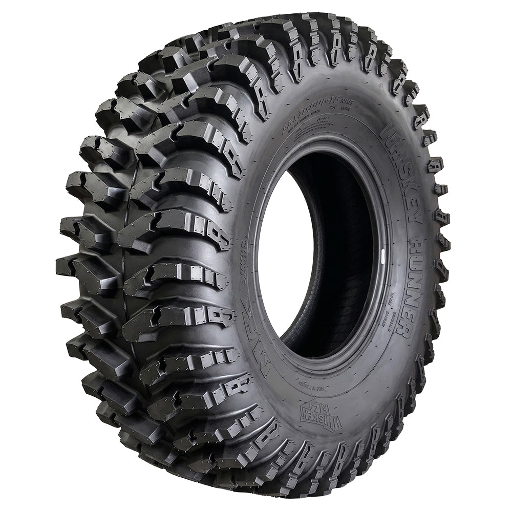 Angled view of the high performance MRT Whiskey Runner Mud and Swamp UTV radial 8-ply tire, designed in collaboration with Whiskey Biz, and featuring deep angled directional bar lugs and extreme wet mud traction, available in 35x10R15 size, offered with fast and free shipping by authorized dealer Ride or Die Tire.