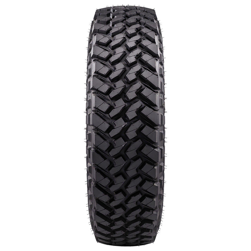 Full tread pattern view of the Nitto Trail Grappler SXS tire for Side-by-Sides and UTV, showing the 9.5 inch wide profile, and featuring automotive grade segmented mold light truck steel belted radial construction, and offered with free shipping, part # N207-970.