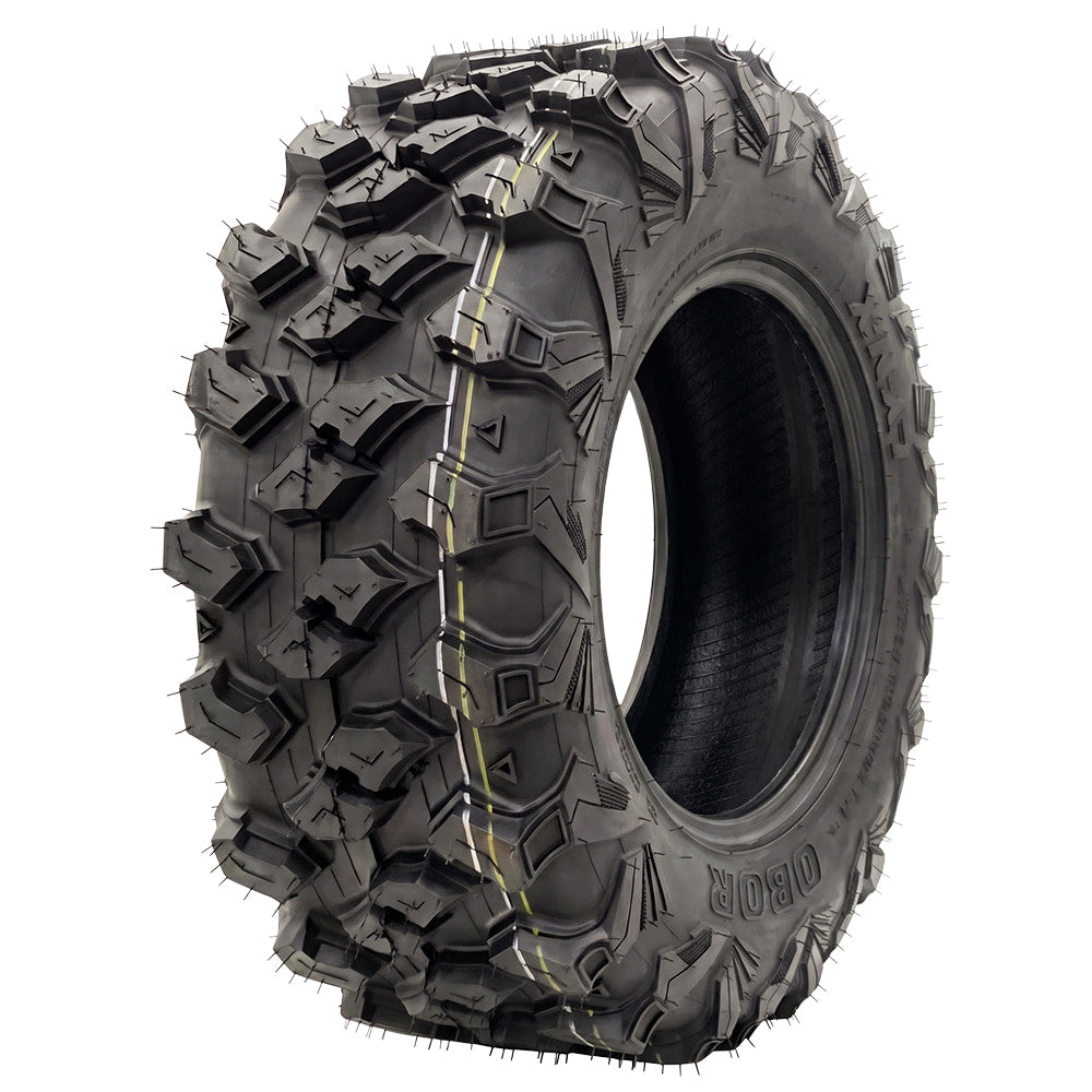 Angled view of the high performance 8-ply and 10-ply radial OBOR LYNX tire, designed as a high traction loose terrain all-around UTV and SXS tire, with long-wearing, tough construction and offered with fast and free shipping.