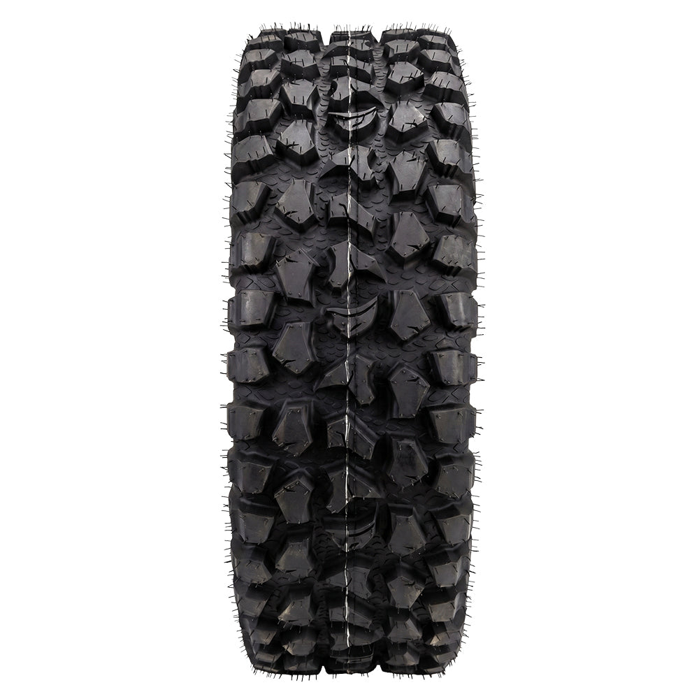 Full tread pattern design and lug detail view on the Odyssey Blaster utv and side-by-side tire, displaying multi-angled tread blocks and stepped tread block base design, as well as the snake head center tread block, and textured inter-tread casing to promote self-cleanout and reduce caked mud and dirt.