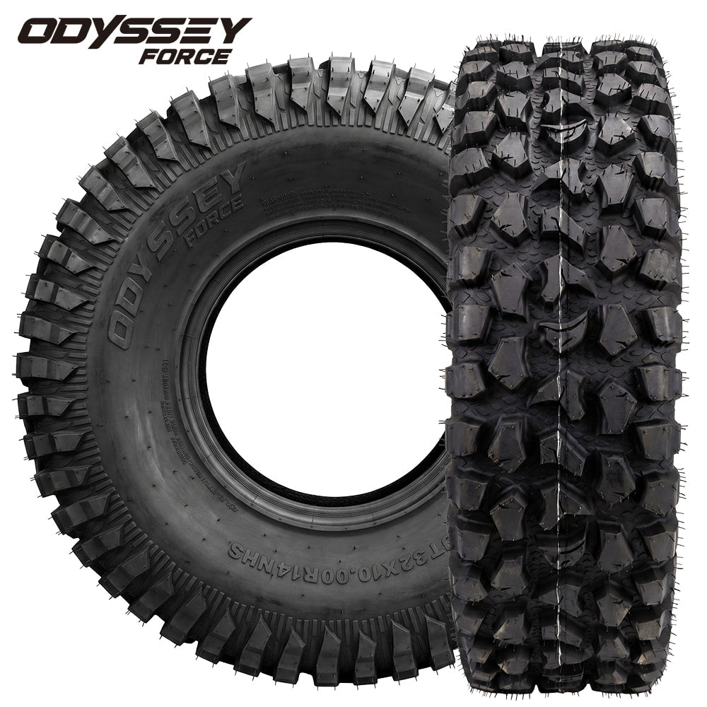 Main product listing photo of the highly capable and great value line of Odyssey Force Blaster 8-ply nylon radial UTV and SXS all-terrain tires, designed with tough sidewalls and high traction design for general trail and road riding, sold by Ride or Die Tire.