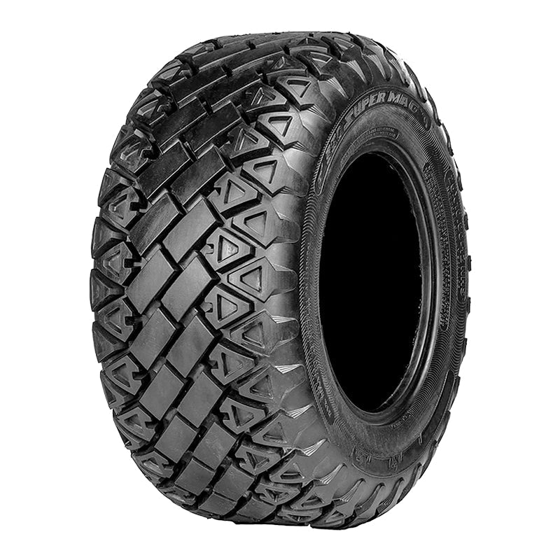 Angled view of the extra heavy duty load rating RTV and UTV 6-ply OTR 350 Super Mag tire, designed with road / hard surface friendly center lug design, for maximum tread life in high load 12" wheel applications on Kubota and other RTVs, offered with free shipping.