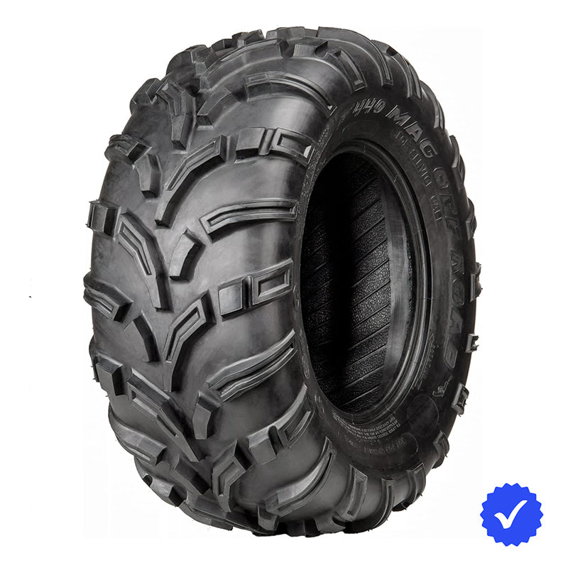 Angled view of the OTR 440 MAG AT and Mud Terrain tire for powersports, utv, atv, and sxs applications, designed with heavy duty 6-ply construction and available in 12" wheel sizes and offered with free shipping.