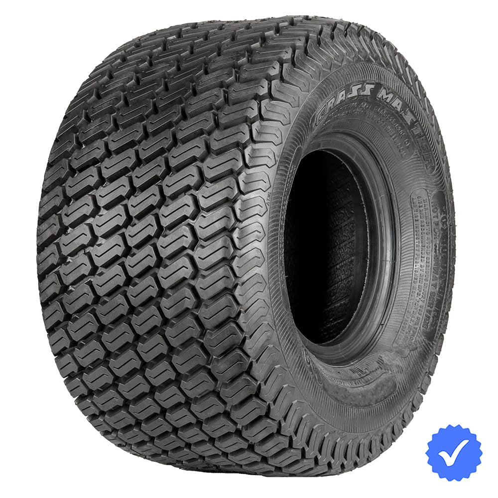 Angled view of the popular OEM style lawn and turf tire for ZTR and light duty tractors, the OTR Grass Master classis "s-style" tread block pattern, designed to be yard friendly and minimize damage while providing good traction, tubeless bias-ply design, and offered with free shipping on all of the available sizes.