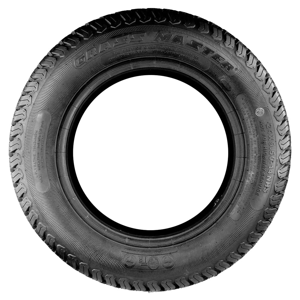 Full sidewall view of the OTR Grass Master TyrLyner technology lawn and turf tubeless bias ply tires.