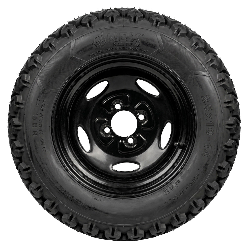 Full sidewall view of the OTR 350 Mag NDX lineup of heavy duty RTV and Utility tire and wheel assemblies, available in 25x10-14 and 26x9-14 sizes with 4-bolt and 5-bolt lug patterns, featuring a speed rating up to 62 mph and a high 1,100 pound load rating.
