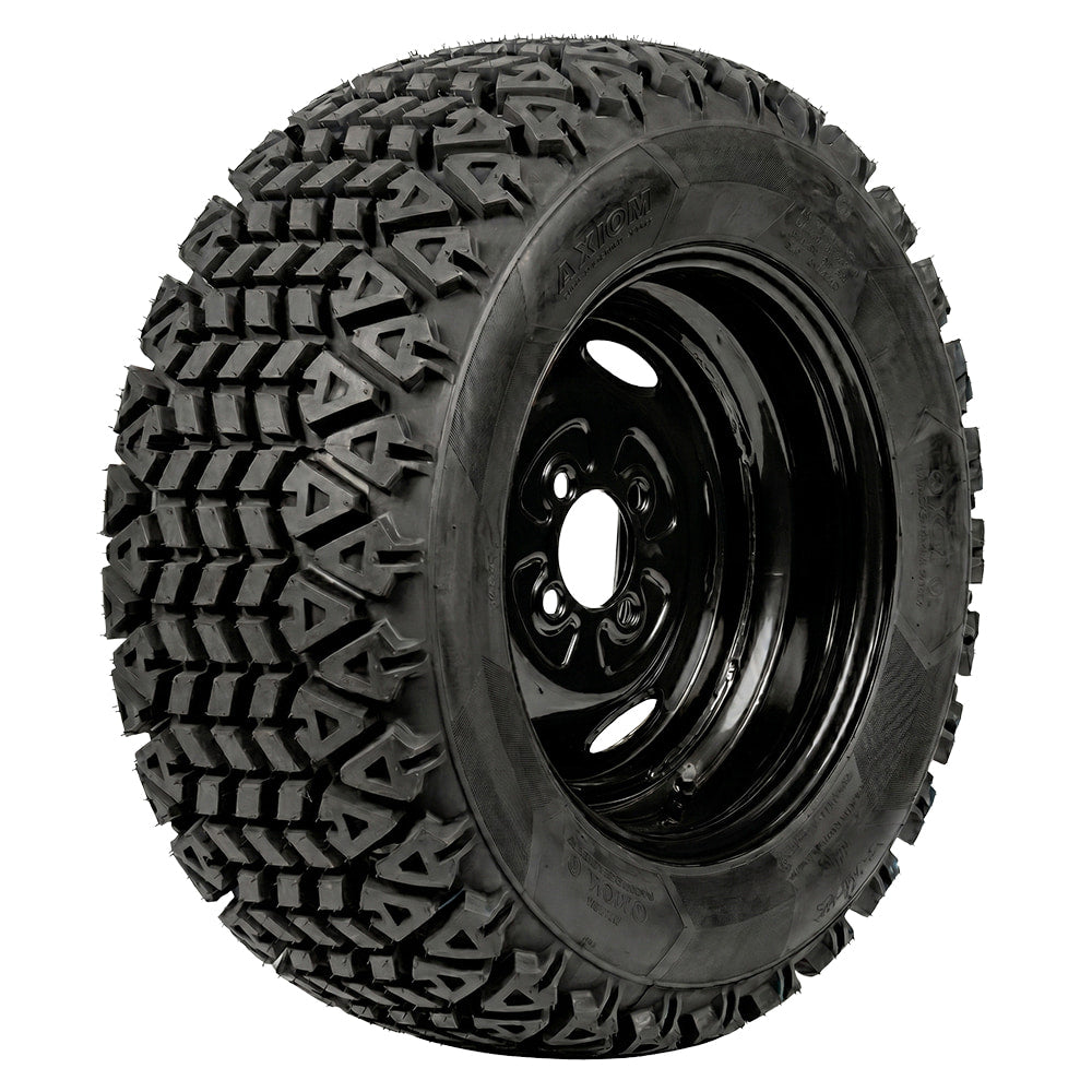 Angled view of the highly durable and great value OTR 350 Mag NDX airless utility tire in 4-lug bolt pattern, offered in 25" and 26" tall sizes, designed to eliminate the headaches and downtime of damaged tires on UTVs, SXSs, and utility equipment, all sizes offered with fast and free shipping.
