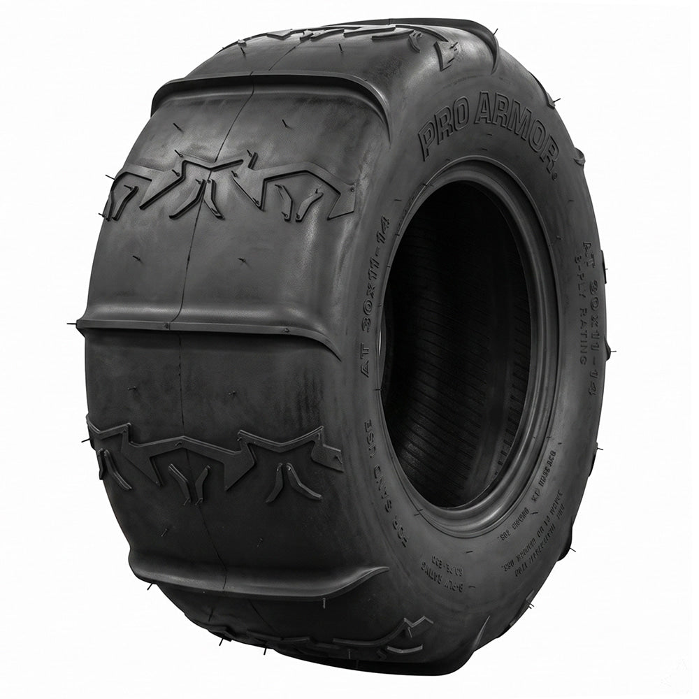 Angled view of the 30x11-14 Pro Armor paddle and sand rear tire, featuring 8-paddle design, and 8-ply bias construction, all sizes offered with fast and free shipping.
