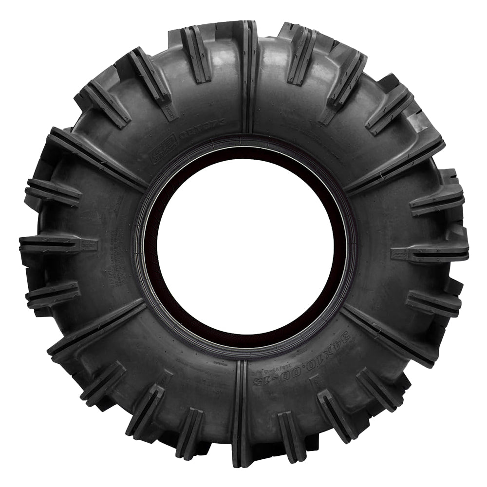 Full sidewall view of the mud and swamp tire from Quadboss, the QBT673 Bias 6-Ply UTV, SXS, and ATV tire, made with aggressive sidewall tread blocks for good traction in deep mud and sloppy swampy conditions.