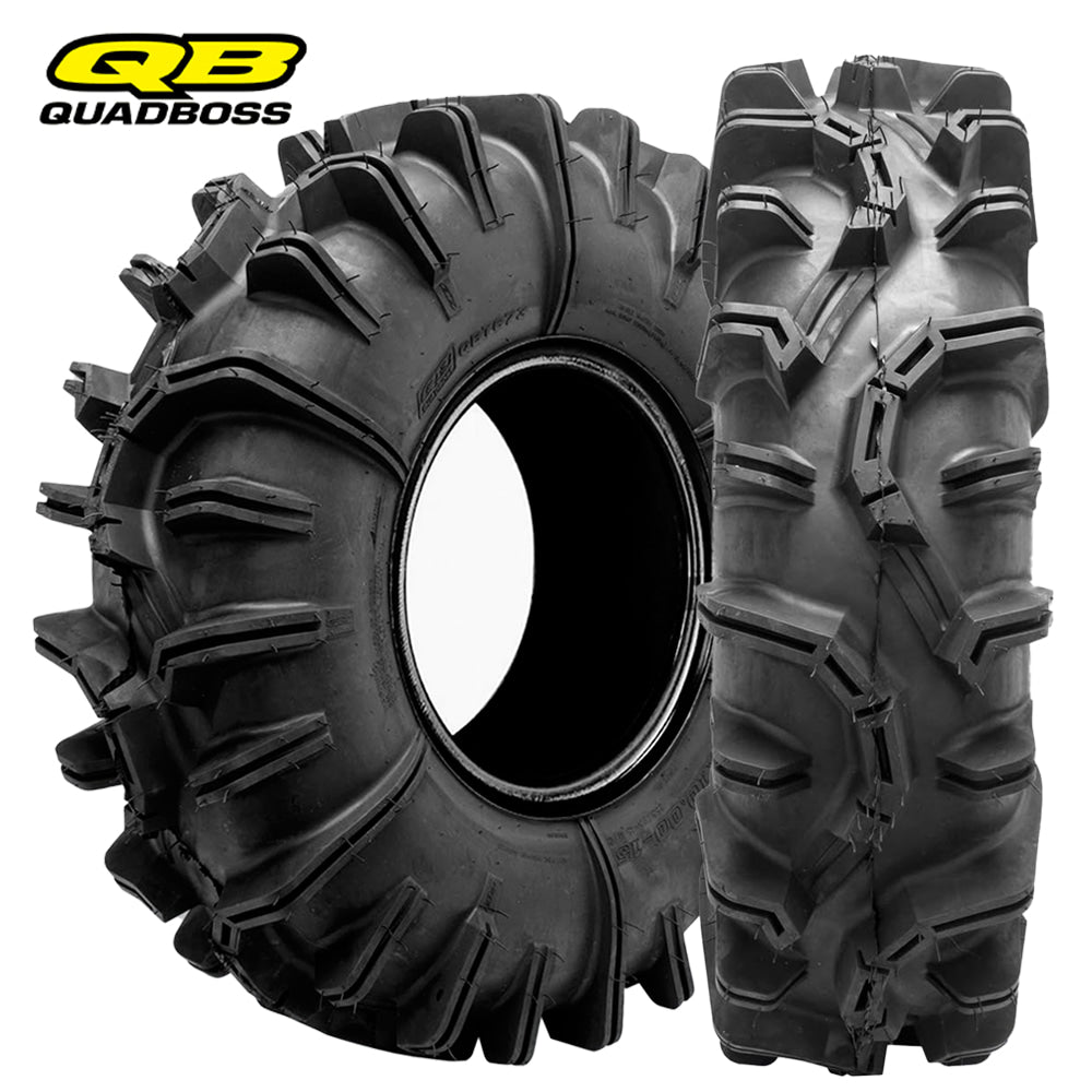 Main product listing photo of the QuadBoss QBT673 6-Ply mud terrain ATV and UTV tire, available for 14" and 15" rims sizes, featuring aggressive deep angled lug design and sidewall tread blocks.