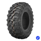 Angled view of the QBT446 off road NHS all-terrain UTV and SXS tire for sale, available in 12", 14", and 15" rim sizes, made with durable 8-ply radial construction and includes free shipping.