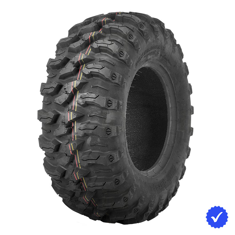 Angled view of the QBT446 off road NHS all-terrain UTV and SXS tire for sale, available in 12", 14", and 15" rim sizes, made with durable 8-ply radial construction and includes free shipping.