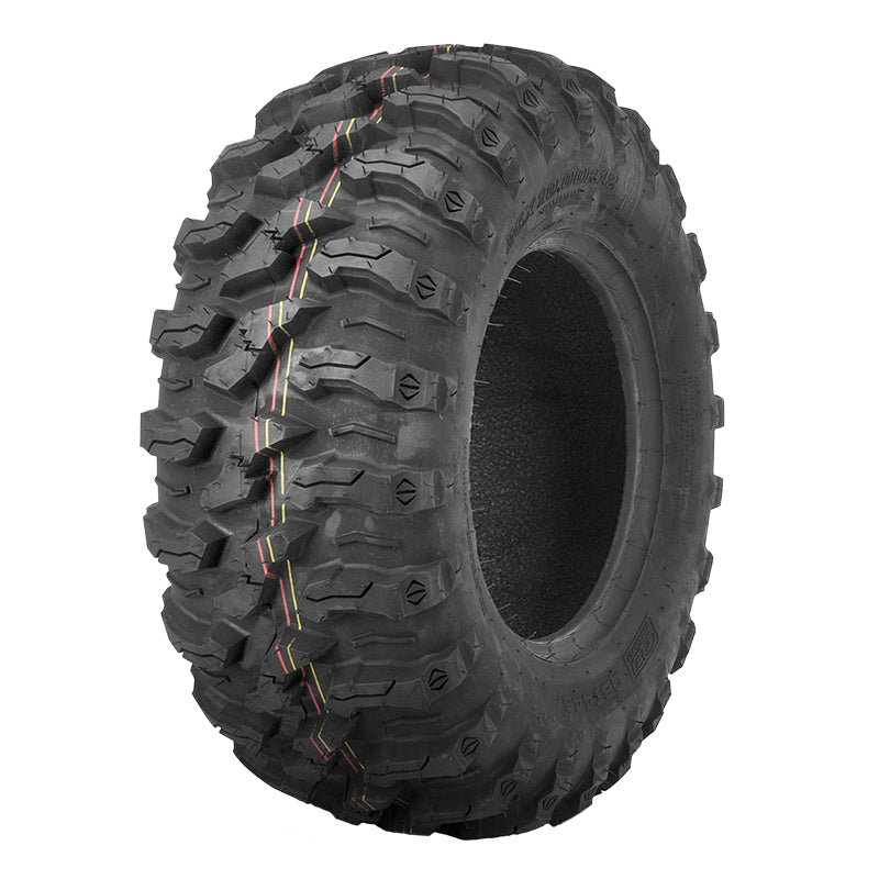 Angled view of the QBT446 off road NHS all-terrain UTV tire for sale, available in 12", 14", and 15" rim sizes, made with tough 8-ply radial construction and clamshell mold technology.