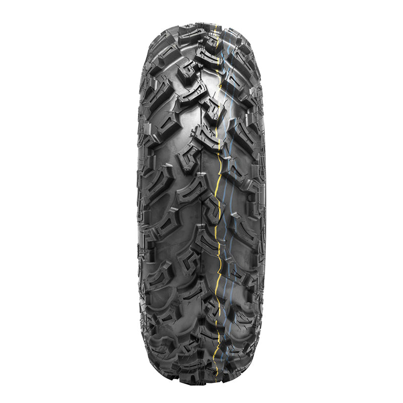 Additional view of the unique angled directional tread pattern design of the front QBT447 ATV 6-ply tire made by Quadboss.