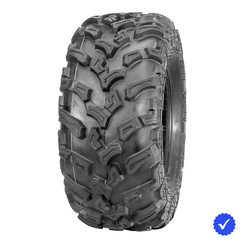 Angled view of the Quadboss QBT447 directional heavy duty 6-ply bias ATV and UTV rear tire, offered with free shipping, sold by Ride or Die Tire.