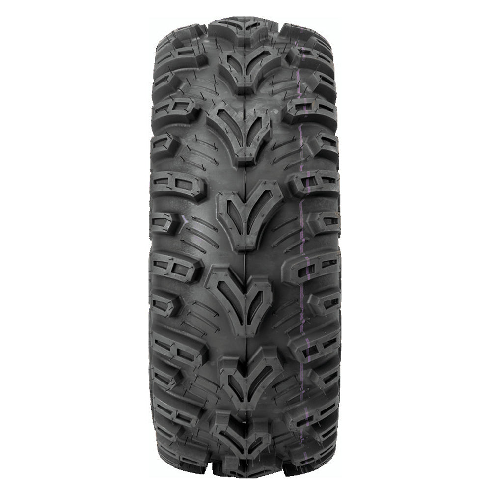 Full tread pattern view of the QuadBoss QBT448 Bias 6-ply ATV, Quad, and UTV tire, designed with angled tread pattern and casing pattern between tread blocks to help keep tire clean and free of debris between lugs.