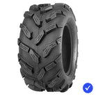 Angled view of the Quadboss QBT671 rear mud-terrain directional tire, available in 25x10-12 and 26x10-12 sizes for rear applications, featuring deep angled directional lugs and tough bias 6-ply construction, offered with free shipping by Ride or Die Tire.