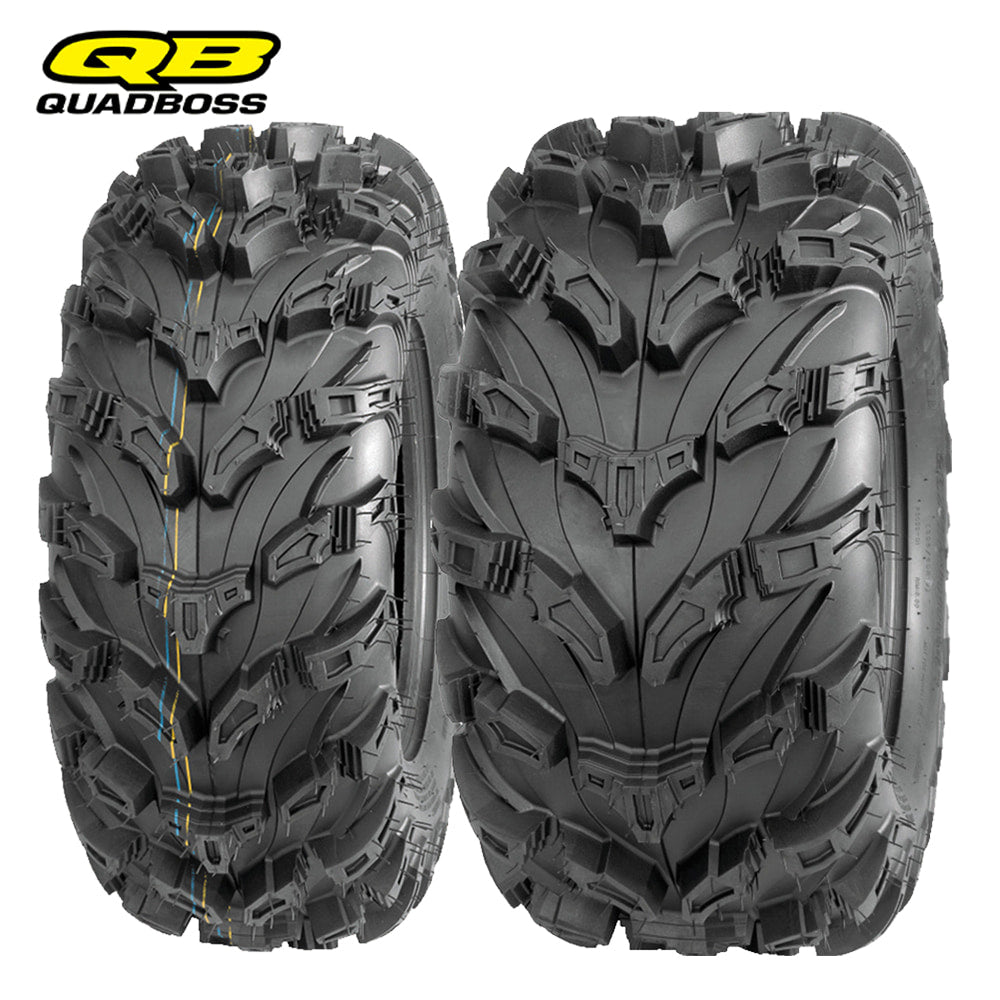 Main listing photo of the Quadboss QBT672 8-ply Radial directional mud-terrain tire in both front and rear sizes, featuring deep 1-1/4" deep lugs and built-in rim guard, sold by Ride or Die Tire.